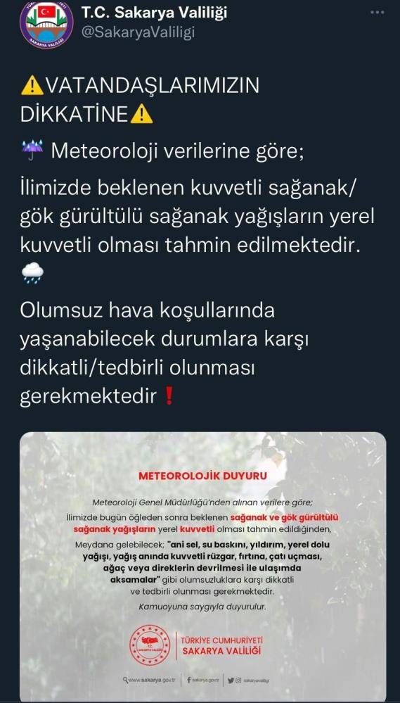 Sakarya Valiliği meteorolojik uyarı verdi: Çok kuvvetli sağanak yağış geliyor - Resim: 0