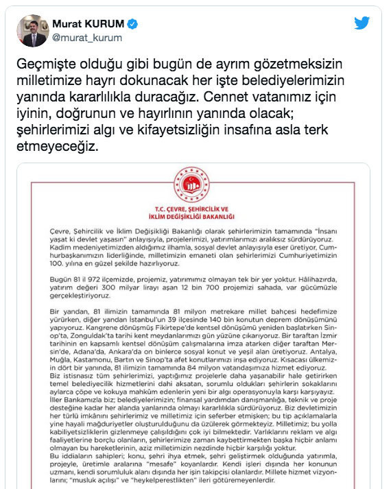 Bakan Murat Kurum'dan iddialara tepki: Yeni bir algı operasyonuyla karşı karşıyayız - Resim: 0