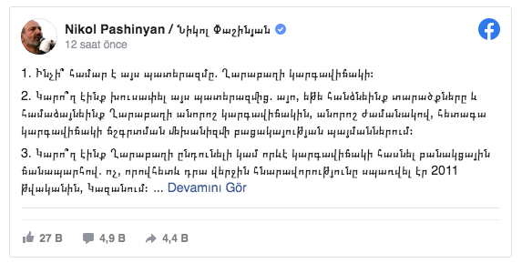 Paşinyan'dan 'savaş' açıklaması: Artık çatışmalar teorik olarak durdurulabilir - Resim: 0