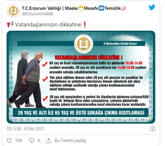 Erzurum'da yeni koronavirüs tedbiri! 65 yaş ve üzeri ile 20 yaş altı için sokağa çıkma yasağı genişledi - Resim: 0