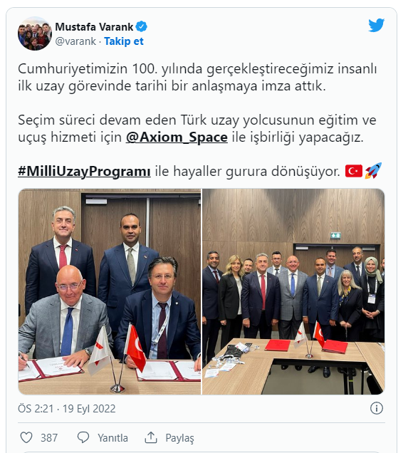 Türk uzay yolcusu için tarihi imza! Bakan Mustafa Varank duyurdu - Resim: 0