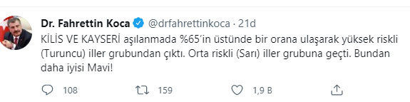 Sağlık Bakanı Fahrettin Koca: Kilis ve Kayseri sarı iller grubuna geçti - Resim: 0