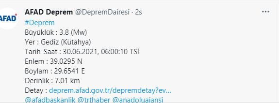 Kütahya'nın Gediz ilçesinde 3.8 büyüklüğünde deprem - Resim: 0