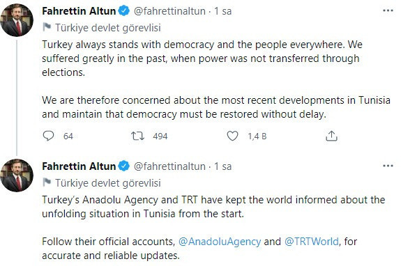 İletişim Başkanı Altun: Tunus'ta demokrasi bir an önce yeniden tesis edilmeli - Resim: 0