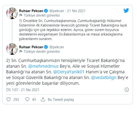 Görevden alınan Ruhsar Pekcan'dan ilk açıklama - Resim: 0