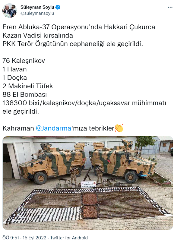 Hakkari Kazan Vadisi'nde operasyon! Bakan Soylu paylaştı: Onlarca kaleşnikov ele geçirildi - Resim: 0