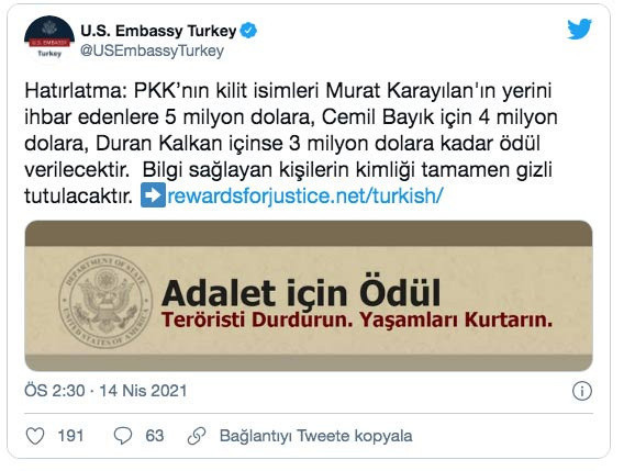 ABD Ankara Büyükelçiliği 3 yıl önceki PKK kararını 'hatırlatma' notuyla paylaştı - Resim: 0
