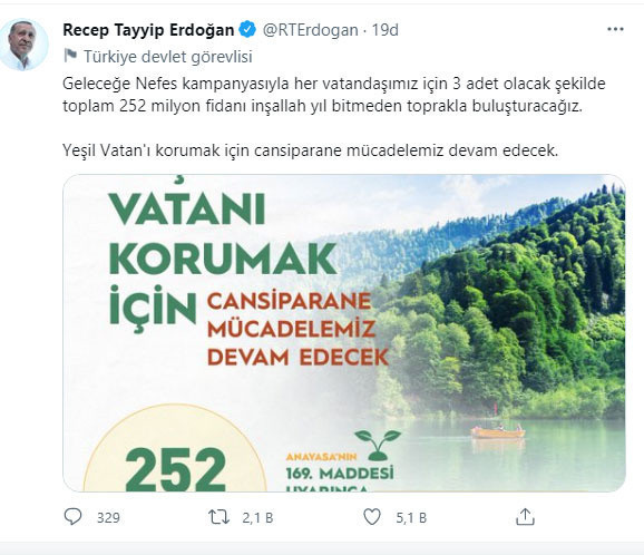 Cumhurbaşkanı Erdoğan: 252 milyon fidanı bu yıl bitmeden toprakla buluşturacağız - Resim: 0