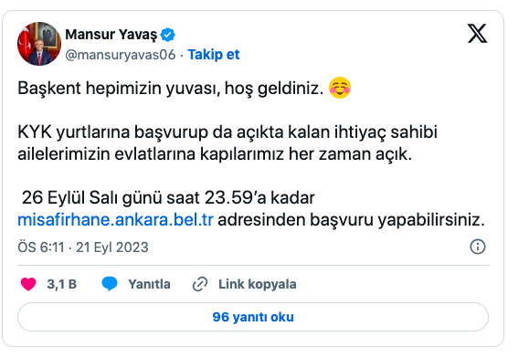 Mansur yavaş: KYK yurtlarında yer bulamayanlara kapımız açık - Resim: 0