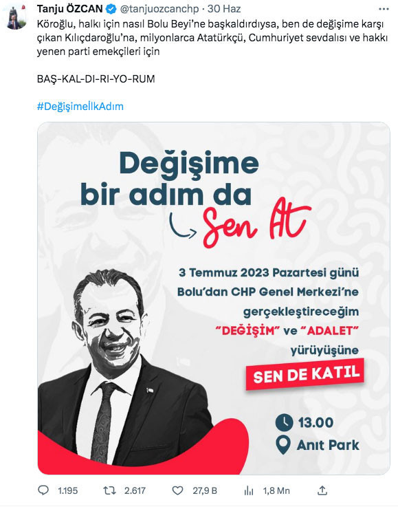 Tanju Özcan değişim ve adalet yürüyüşünü pazartesi günü başlatıyor: Kılıçdaroğlu’na başkaldırıyorum - Resim: 0