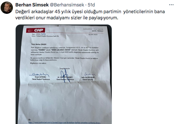 CHP, Berhan Şimşek'i ihraç istemiyle Disiplin Kurulu'na sevk etti - Resim: 0