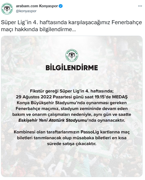 Konyaspor-Fenerbahçe maçının yeri değişti - Resim: 0