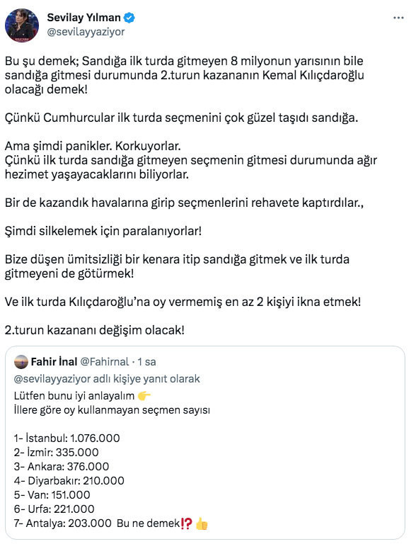 Sevilay Yılman ikinci tur için hesap yaptı! 4 milyon seçmen iddiası seçimin kazananını paylaştı - Resim: 0