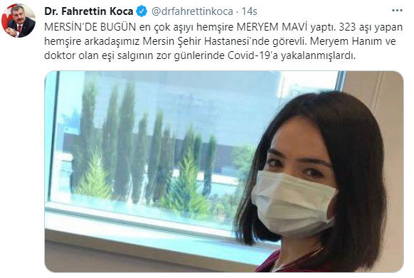 Bakan Koca duyurmuştu! Aşı rekortmeni hemşire Meryem Mavi: Paylaşımı gördüğümde gurur duydum - Resim: 0