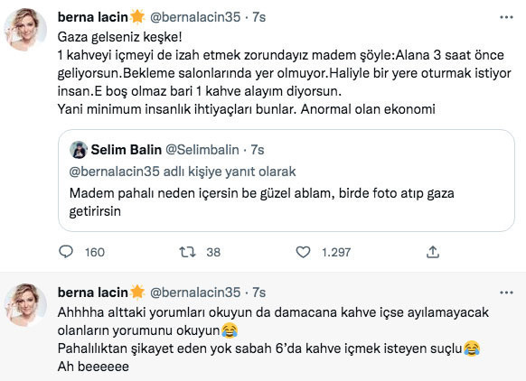 Berna Laçin'in kahveye ödediği paraya isyan etti 'madem pahalı neden içersin' diyen takipçisine yanıt - Resim: 0