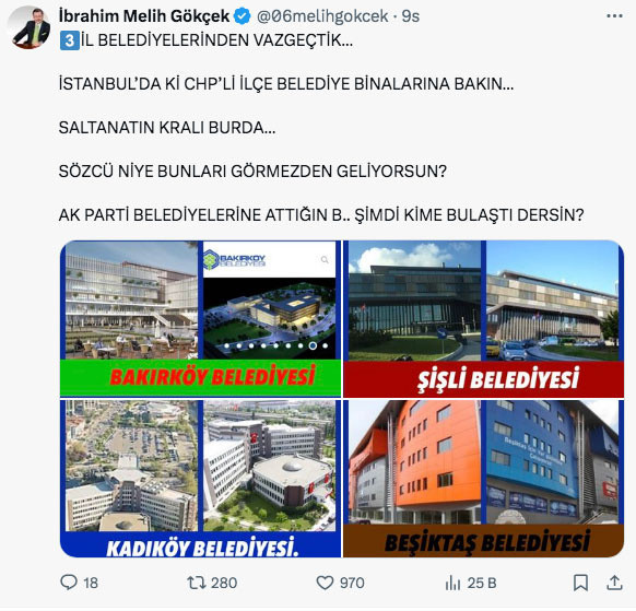 Sözcü'nün manşeti olay oldu Melih Gökçek şatafatlı CHP'li belediye binalarını paylaştı saltanatın kralı burada - Resim: 1