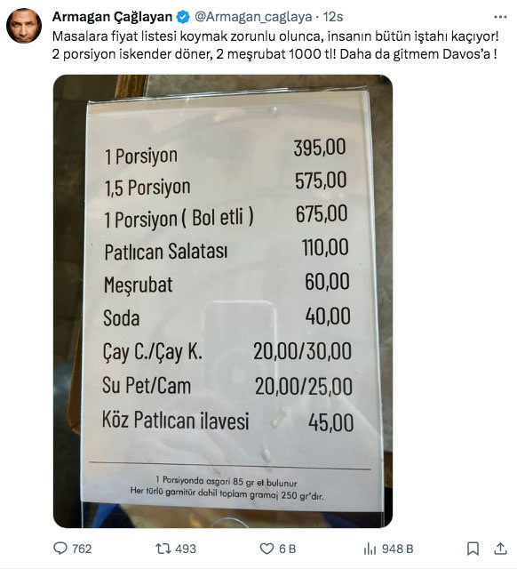 Armağan Çağlayan döner fiyatları paylaştı: Daha da gitmem Davos'a - Resim: 0