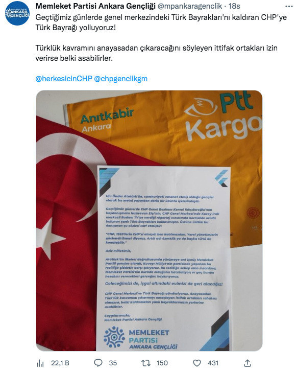 Kılıçdaroğlu'nun danışmanı Türk bayrağını kaldırttı Memleket Partisi, CHP'ye Türk Bayrağı gönderdi - Resim: 0