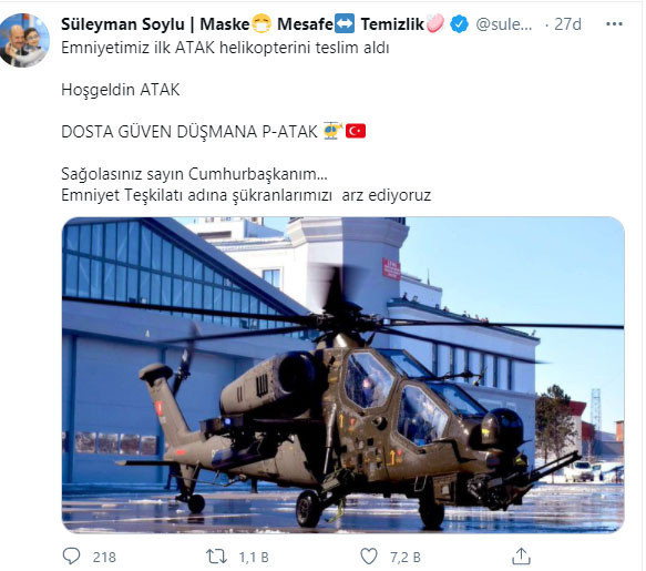 Süleyman Soylu paylaştı! Emniyet Genel Müdürlüğü'ne ilk ATAK helikopteri teslim edildi - Resim: 0
