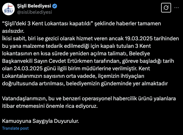 "Şişli Belediyesi'ndeki kayyum yönetimi, Kent Lokantaları'nı kapattı" iddiasına DMM'den yalanlama - Resim: 1