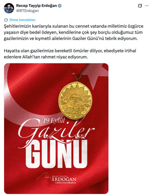 Cumhurbaşkanı Erdoğan'dan "19 Eylül Gaziler Günü" mesajı - Resim: 0