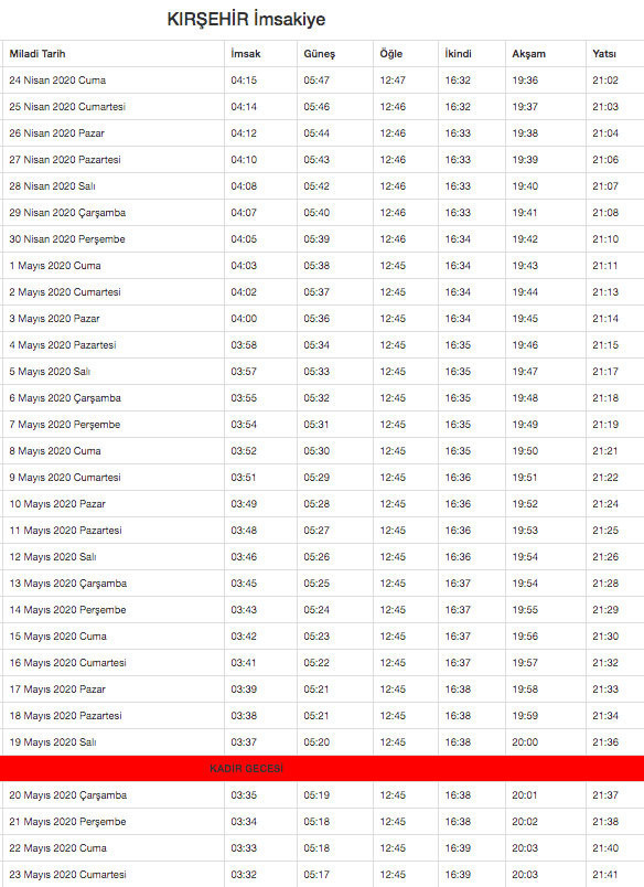 kırşehir imsakiyesi 2020