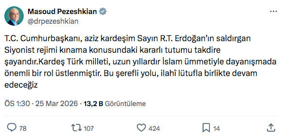 İran Cumhurbaşkanı Pezeşkiyan Erdoğan'ı övdü Türkçe paylaşım yaptı: Bu şerefli yolu - Resim: 0