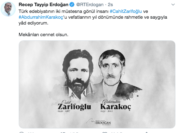 Erdoğan'dan Cahit Zarifoğlu ve Abdurrahim Karakoç mesajı - Resim: 0