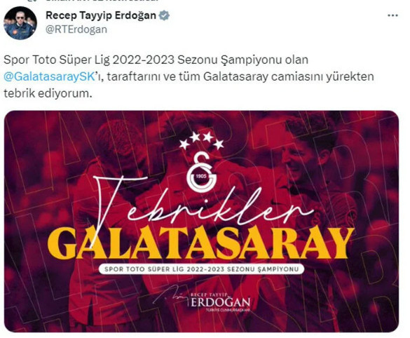 Cumhurbaşkanı Erdoğan'dan Galatasaray'a şampiyonluk tebriği - Resim: 0