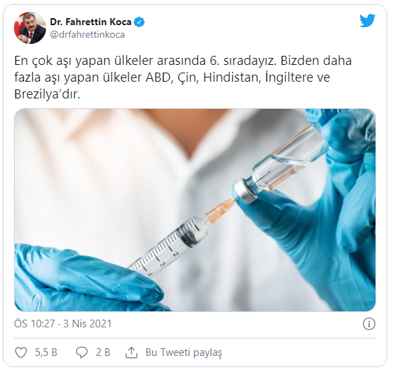 Sağlık Bakanı Fahrettin Koca Türkiye'nin dünyadaki aşı sıralamasını paylaştı - Resim: 0