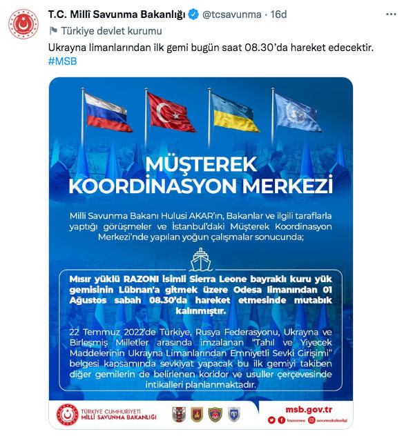 Ukrayna'dan tahıl sevkiyatı başladı ilk geminin İstanbul'a varacağı tarihi MSB duyurdu - Resim: 0