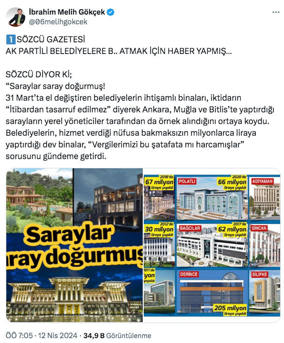 Sözcü'nün manşeti olay oldu Melih Gökçek şatafatlı CHP'li belediye binalarını paylaştı saltanatın kralı burada - Resim: 3