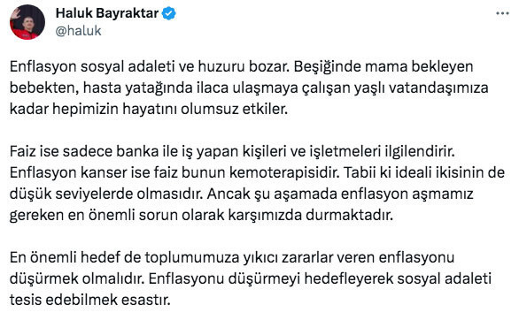 Haluk Bayraktar'dan Merkez Bankası faiz kararı sonrası açıklama: Enflasyon kanser ise faiz bunun kemoterapisidir - Resim: 0