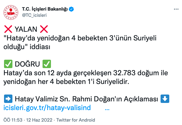 İçişleri Bakanlığı o iddiayı paylaştı Her doğan 4 bebekten 3'ü Suriyeli mi? - Resim: 0