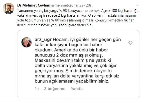 Prof. Ceyhan’dan aşı karşıtı takipçisine çok sert tepki! Siz kim fikir öne sürmek kim? - Resim: 0