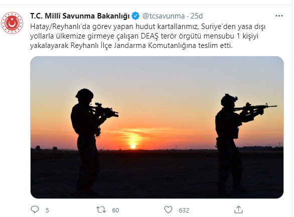 Milli Savunma Bakanlığı duyurdu: Türkiye'ye girmeye çalışan DEAŞ'lı terörist yakalandı - Resim: 0