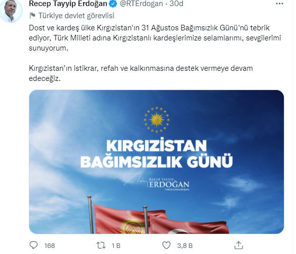 Cumhurbaşkanı Erdoğan'dan Kırgızistan Bağımsızlık Günü paylaşımı - Resim: 0