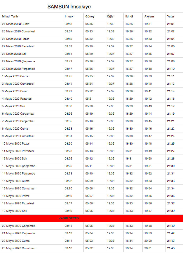 samsun imsakiye 2020 diyanet