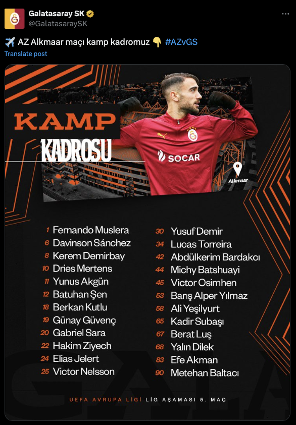 Galatasaray'ın AZ Alkmaar maçı kadrosu belli oldu - Resim: 0