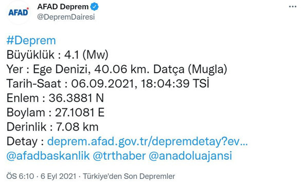 AFAD açıkladı: Datça açıklarında 4.1 şiddetinde deprem - Resim: 0