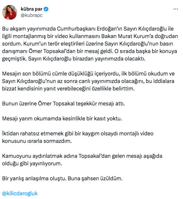 Kübra Par mesajı yarım okudu Kılıçdaroğlu tepki gösterdi Kübra Par'dan yeni açıklama - Resim: 0