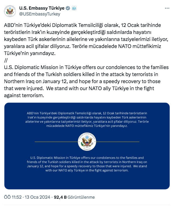 PKK'ya silah dolar yağdıran ABD, 9 askerin şehit olduğu saldırıya ilişkin taziye mesajı paylaştı - Resim: 0