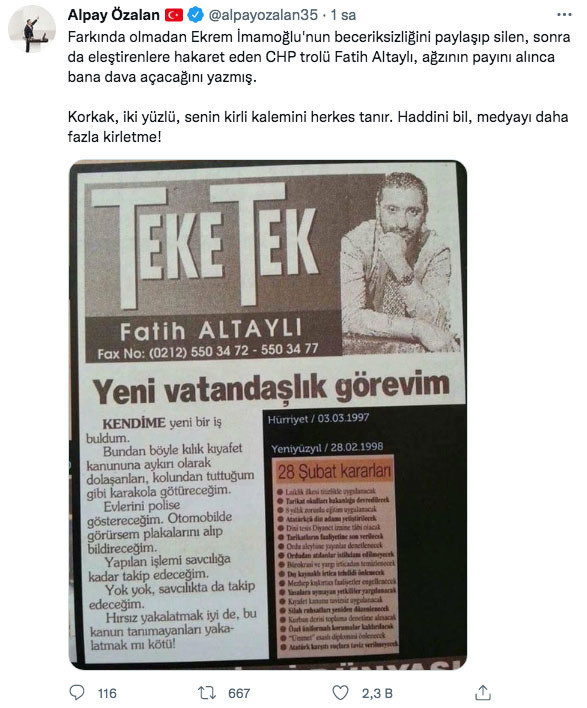 Fatih Altaylı İBB'yi eleştirdiği tweeti sildi Alpay Özalan 'kalemi satılık' dedi sert yanıt geldi - Resim: 2
