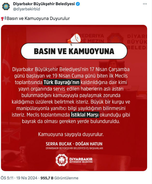 Diyarbakır Büyükşehir Belediyesi'nden Türk bayrağı ve İstiklal Marşı açıklaması - Resim: 0