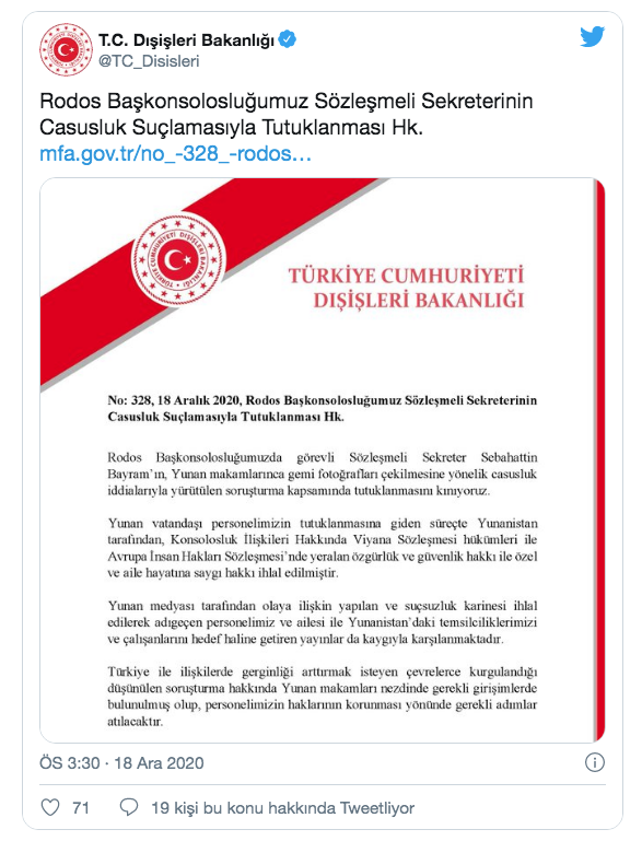 Dışişleri Bakanlığı'ndan Yunanistan'a kınama! Rodos Başkonsolosluğu çalışanının tutuklanması - Resim: 0