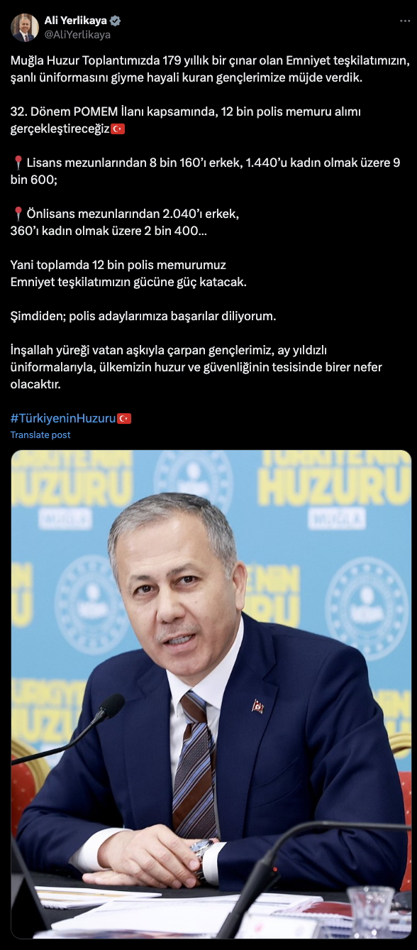 İçişleri Bakanı Ali Yerlikaya'dan müjde: 12 bin polis memuru alınacak - Resim: 0