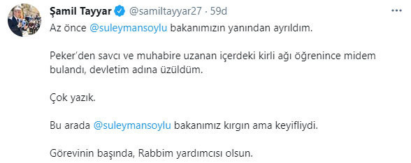 Şamil Tayyar'dan Süleyman Soylu tweeti - Resim: 0