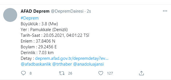 Denizli'de 3.8 büyüklüğünde deprem oldu! AFAD duyurdu - Resim: 0