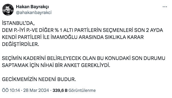 Hakan Bayrakçı İstanbul anketinin neden geciktiğini açıkladı DEM Parti, İYİ Parti ve diğer yüzde 1 altı partiler - Resim: 0
