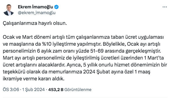 Ekrem İmamoğlu'ndan İBB çalışanlarının maaşına yüzde 10 iyileştirme ve 1 maaş ikramiye - Resim: 0